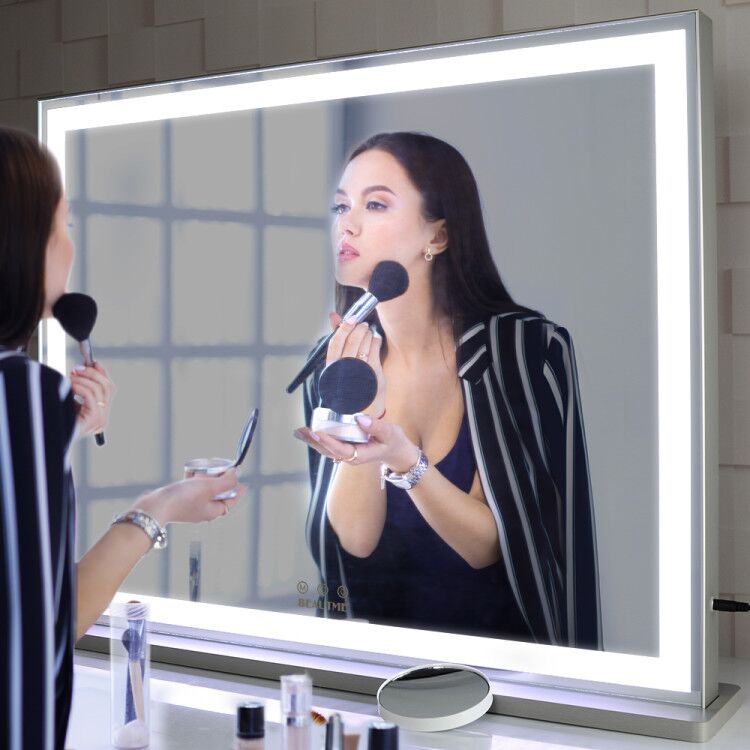 BEAUTME Vanity Mirror with Lights, Lighted Tabletop/Wall Hollywood Makeup Mirror for Dressing Room & Bedroom,3 Color Modes with Dimmer,with 1pcs 1X/10X Roud Mirror,Silver (28.3 x 22.1 inch)