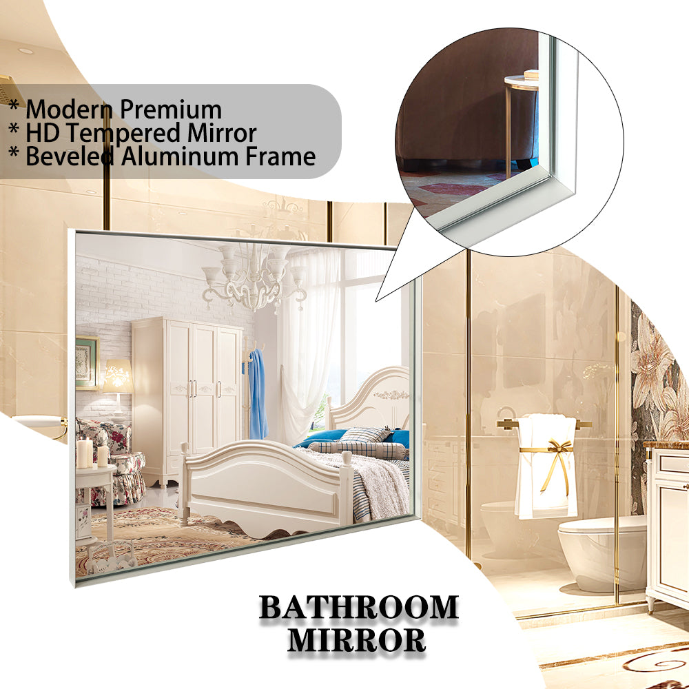 40x30inch Glossy White Rectangular Wall-Mounted Beveled Bathroom Mirror,Square Angle Metal Frame Wall Mounted Bathroom Mirrors For Wall(Horizontal & Vertical)