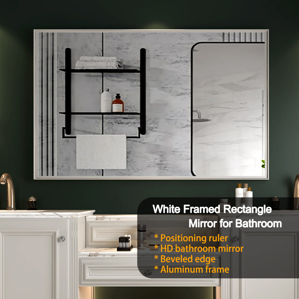 40x30inch Glossy White Rectangular Wall-Mounted Beveled Bathroom Mirror,Square Angle Metal Frame Wall Mounted Bathroom Mirrors For Wall(Horizontal & Vertical)