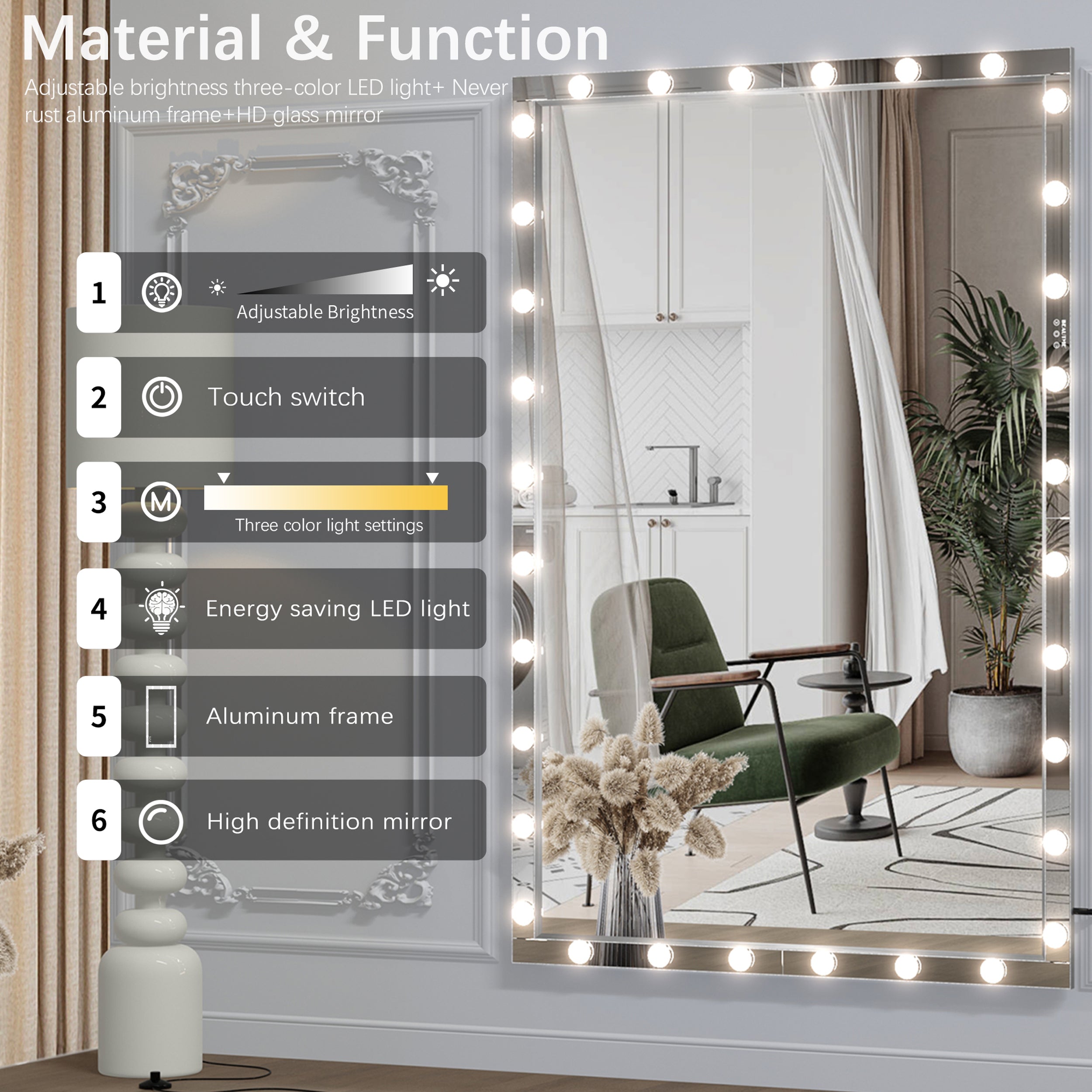 Hollywood LED Full Body Mirror with Lights Extra Large Full Length Vanity Mirror with 3 Color Mode Lights, Vertical Horizontal Hanging Aluminum Mirror for Dressing Rooms, Bedroom Silver, 72X48 inches