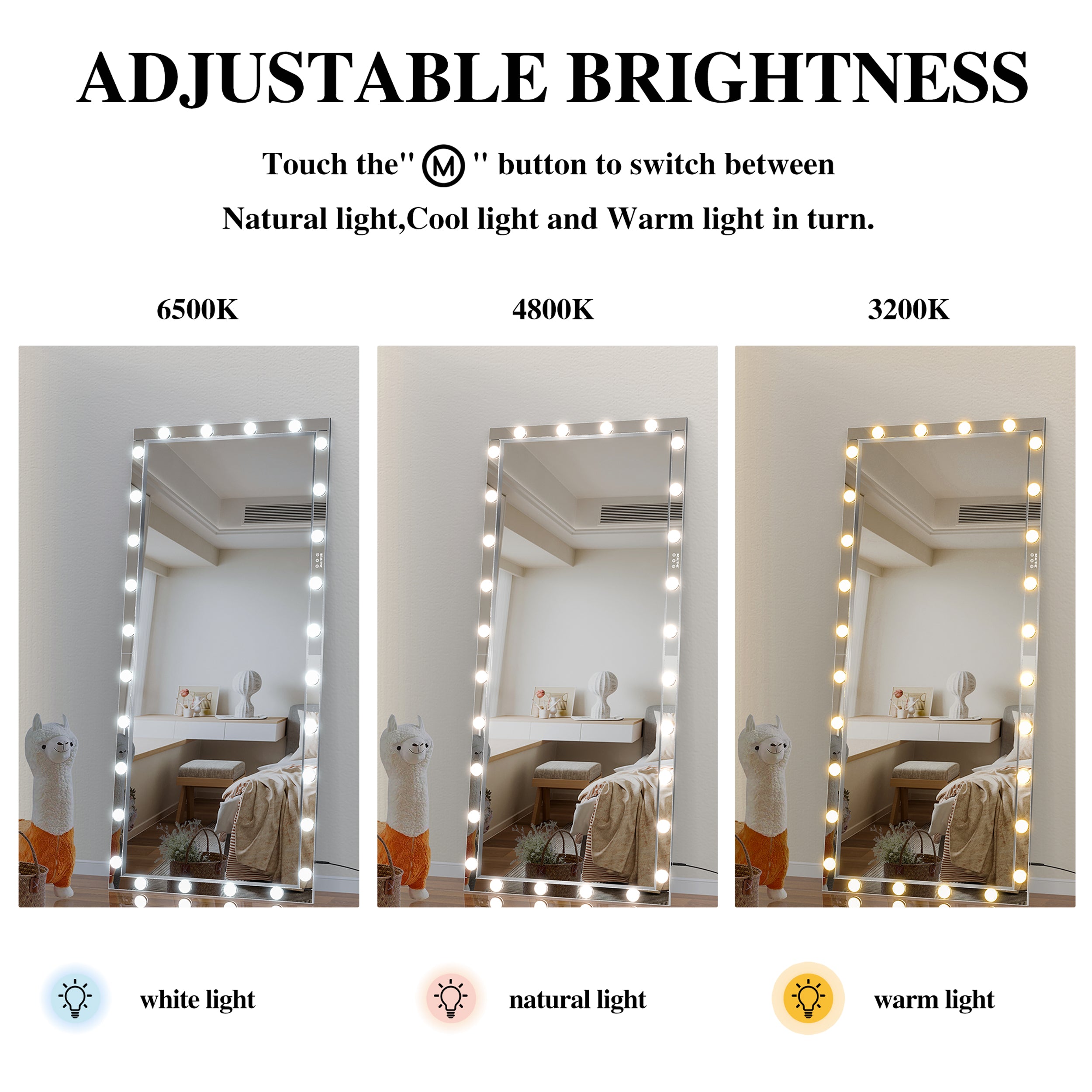 Hollywood LED Full Body Mirror with Lights Extra Large Full Length Vanity Mirror with 3 Color Mode Lights, Vertical Horizontal Hanging Aluminum Framed Mirror, 72 x 36 Inch, Silver