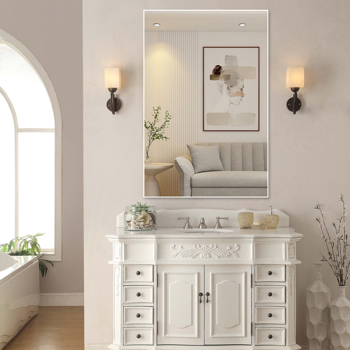 48"x32" Oversized Modern Rectangle Bathroom Mirror with White Frame Decorative Large Wall Mirrors for Bathroom Living Room Bedroom Vertical or Horizontal Wall Mounted mirror with Aluminum Frame