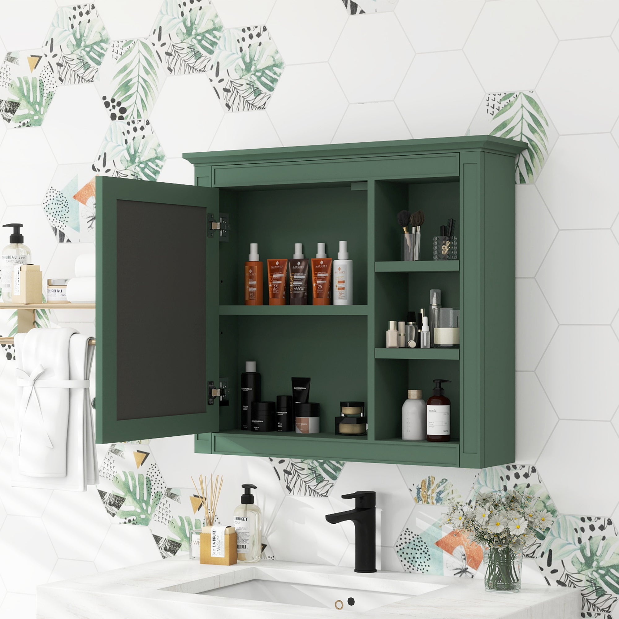 30'' x 28'' Wall Mounted Bathroom Storage Cabinet, Modern Bathroom Wall Cabinet with Mirror,Medicine Cabinet, Mirror Cabinet with 3 Open Shelves (Not Include Bathroom Vanity )