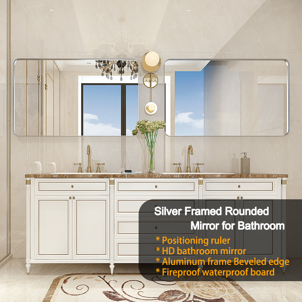 30x20inch Glossy Brushed Silver Rounded Corner Rectangle Bathroom Mirror For Wall Metal Frame Deep Set Design Hangs Wall Mounted Bathroom Mirror(Horizontal & Vertical)