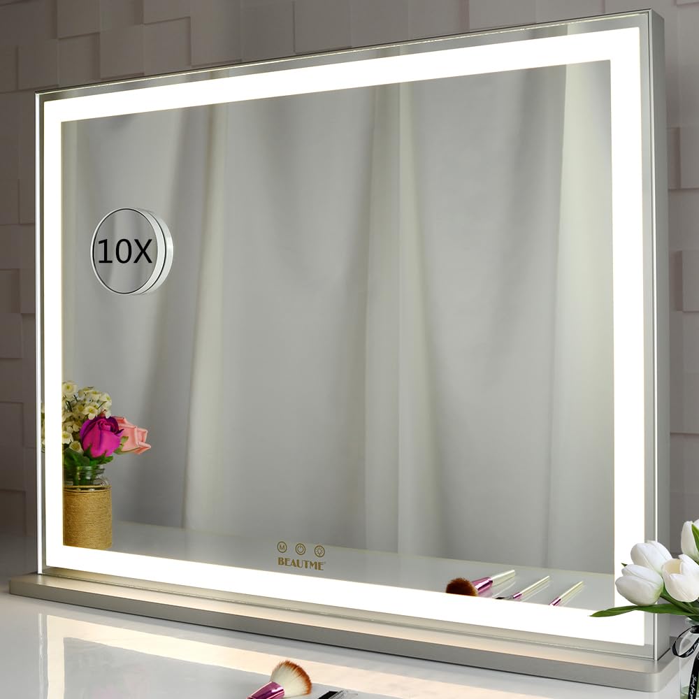 BEAUTME Vanity Mirror with Lights, Lighted Tabletop/Wall Hollywood Makeup Mirror for Dressing Room & Bedroom,3 Color Modes with Dimmer,with 1pcs 1X/10X Roud Mirror,Silver (28.3 x 22.1 inch)