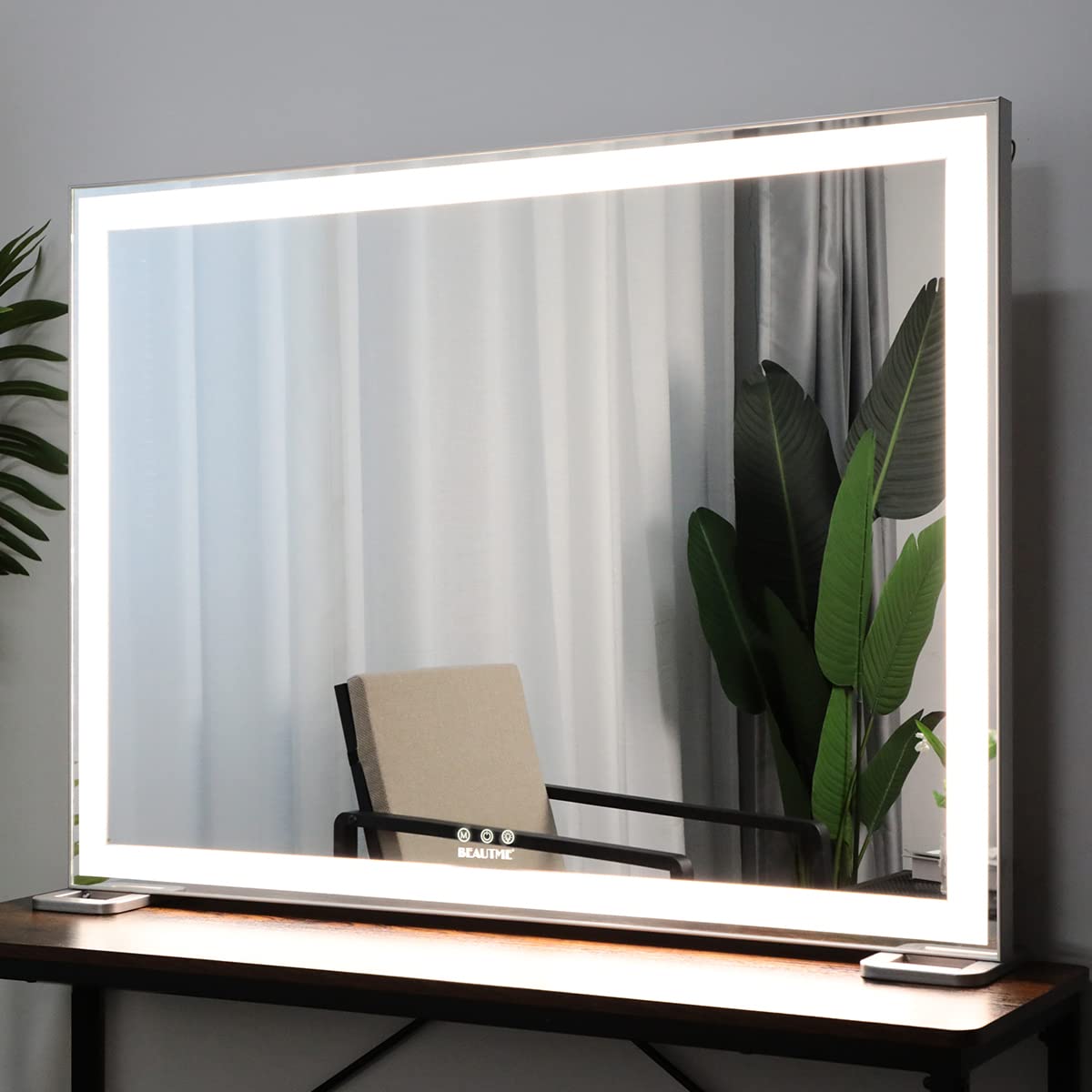 BEAUTME Large Vanity Mirror with Lights L36.2 X H26.8 inch, Lighted Tabletop/Wall Hollywood Makeup Mirror for Dressing Room & Bedroom,3 Color Modes with Dimmer,Silver