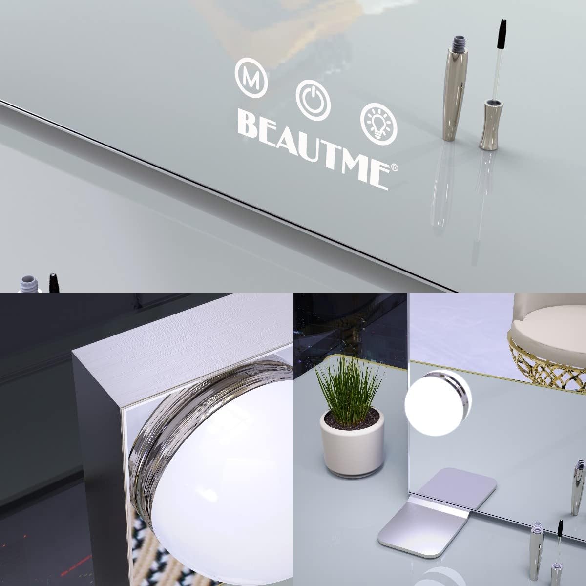BEAUTME Hollywood Mirror with Lights, 35.9''×24.3'' Vanity Mirror, Light up Mirror with 16 Dimmable Bulbs and 10X Magnification, 3 Colors Modes, Touch Cont, Silver