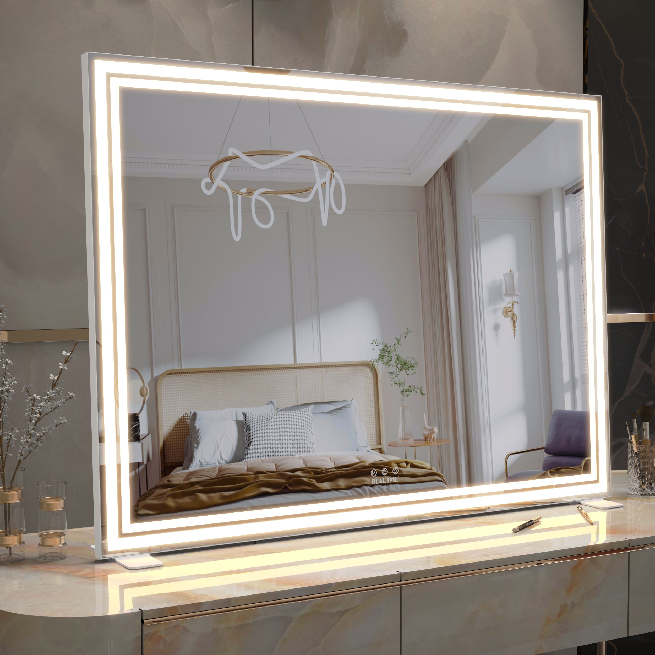 BEAUTME Vanity Mirror, Large Hollywood Mirror with Lights for Tabletop,Lighted Makeup Mirror for Dressing Room & Bedroom, Desktop Mirror/Wall Mounted Mirror 1.8M Cable,Silver(101.6 × 61.7cm)