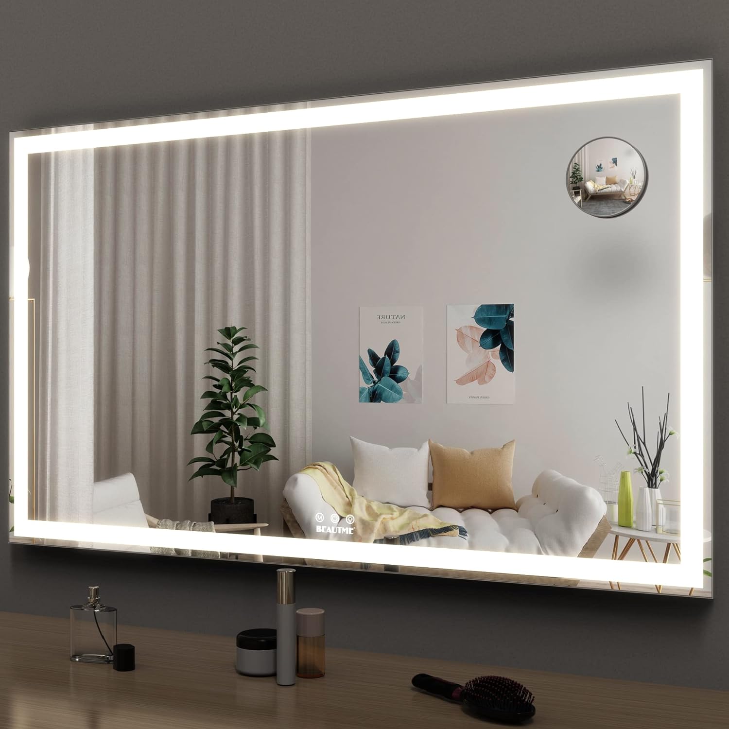 BEAUTME Large Vanity Mirror with Lights,40x24 inch Hollywood Mirror with Lights,Dressing Table Mirror with Lights for Bedroom,Attached with 1pcs Round 10X Cosmetic Mirrors,Silver