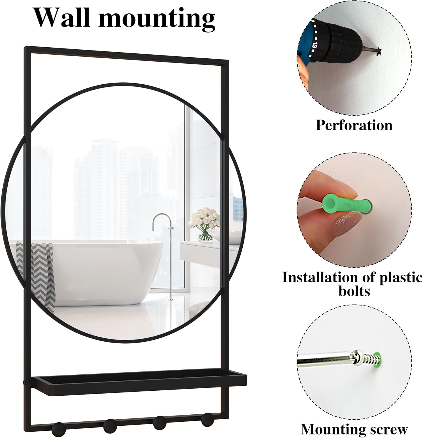 Mirror with Hooks, 28 x20 Inch Bathroom Mirror with Shelf Entryway Mirror with Hooks, Rectangular Frame Round Wall Mirror with Shelf and Hooks, Vanity Mirror Decorative for Wall