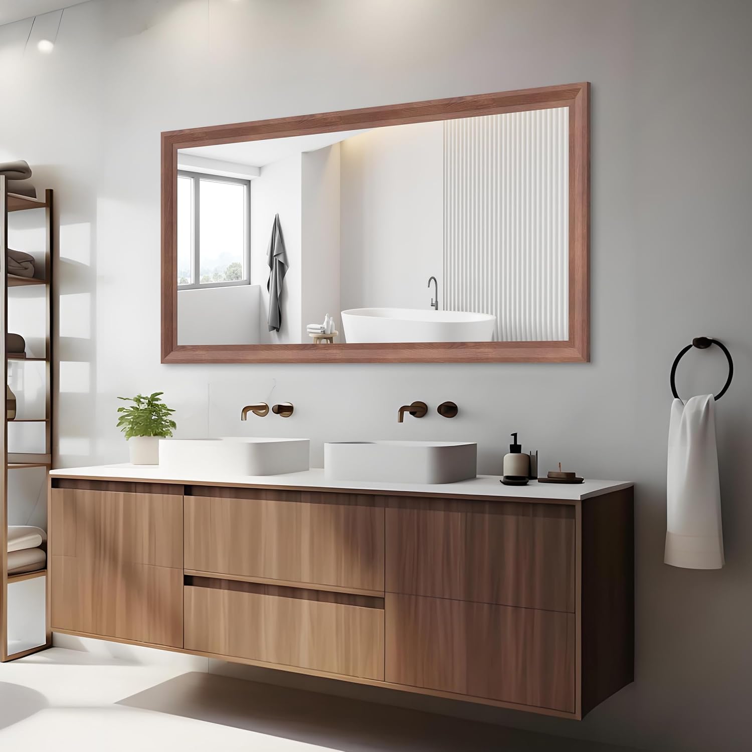 Oversize Bathroom Mirror for Wall, 60x30 inch Rectangle Mirror Metal Mirror for Bedroom, Living Room, Hangs Horizontal or Vertical, Wood Color