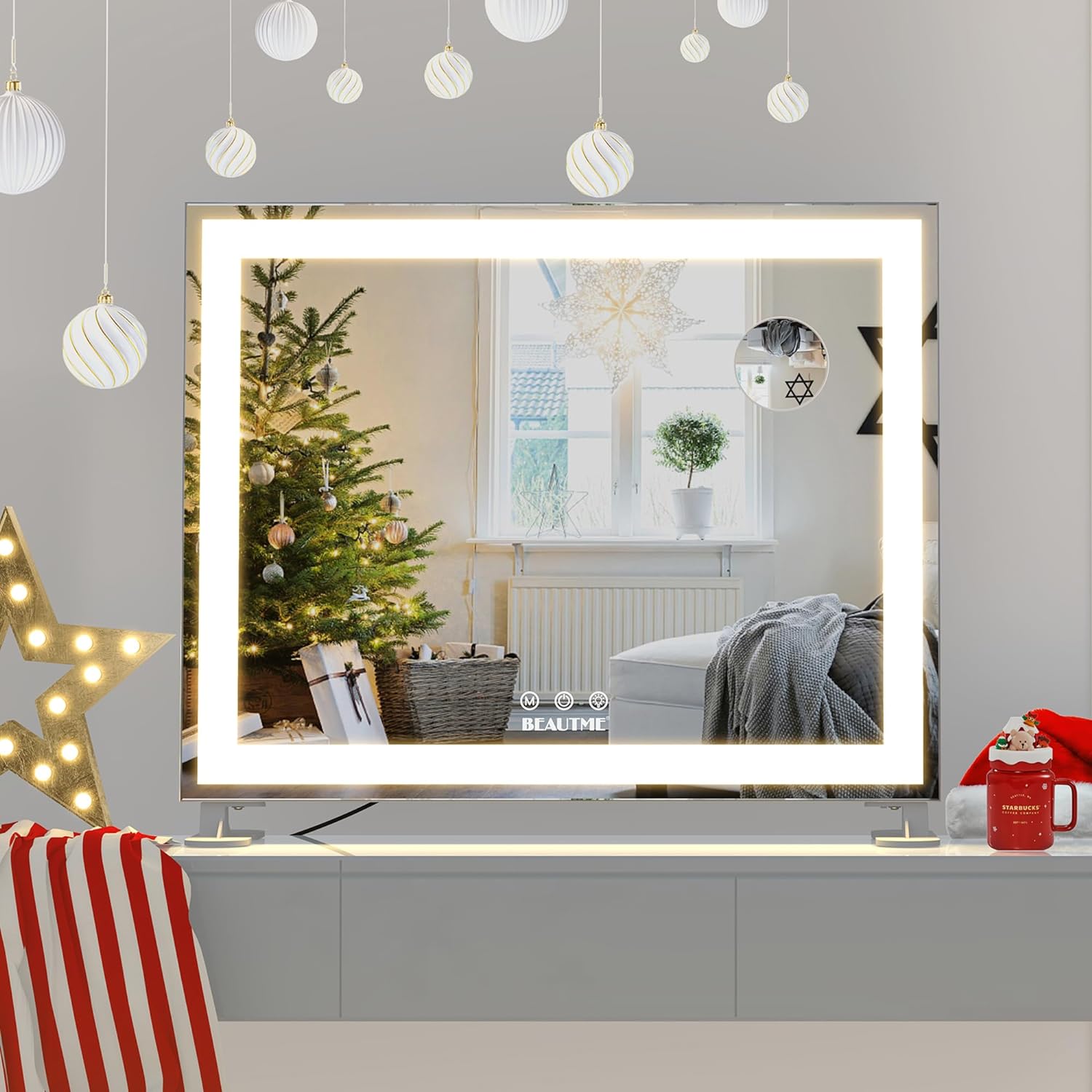 BEAUTME Vanity Mirror 48.5×40.5cm,Tabletop Makeup Mirror,Hollywood Mirror,LED Bedroom Mirror with Lights,Lighted Mirror,Aluminium Frame,Silver