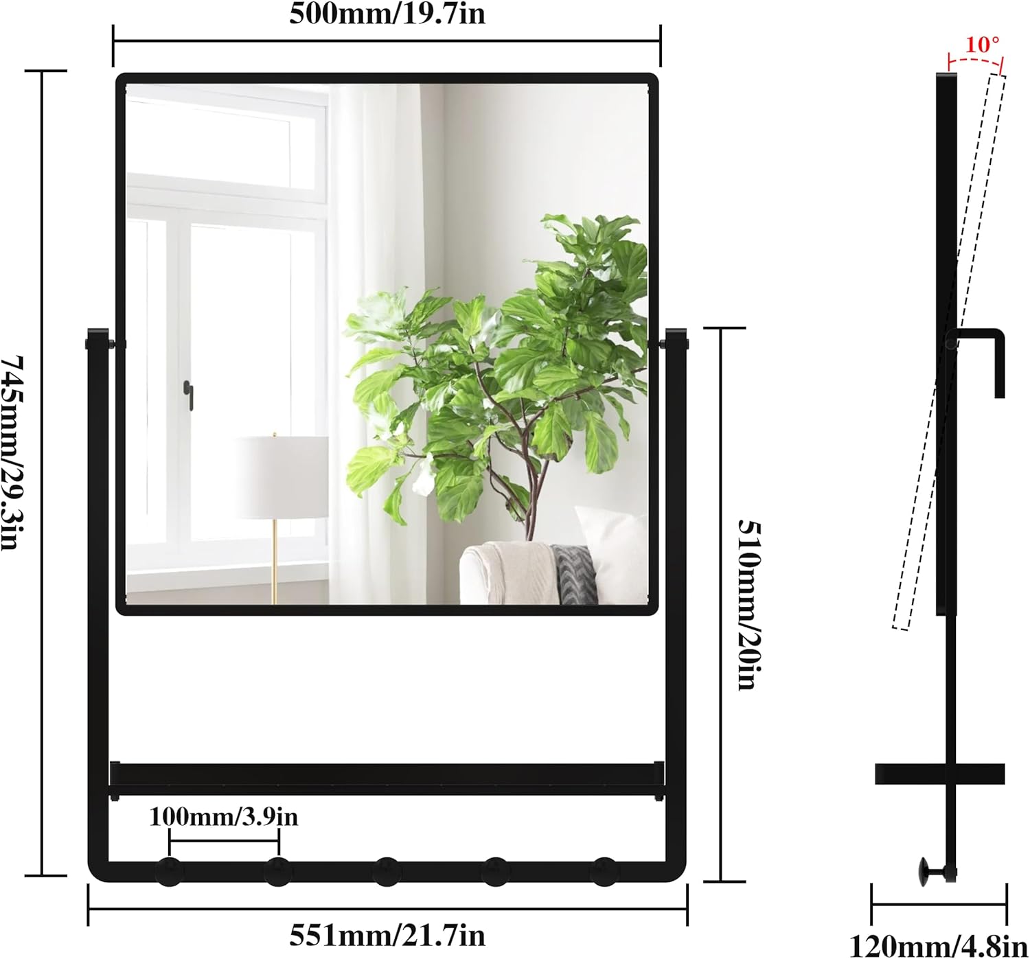 Modern Black Square Wall Mirror with Shelf & Hooks, 21.7 x 29.3 Inch Large Bathroom Mirror with 10° Adjustable Tilt for Entryway, Living Room, Hallway, Bedroom