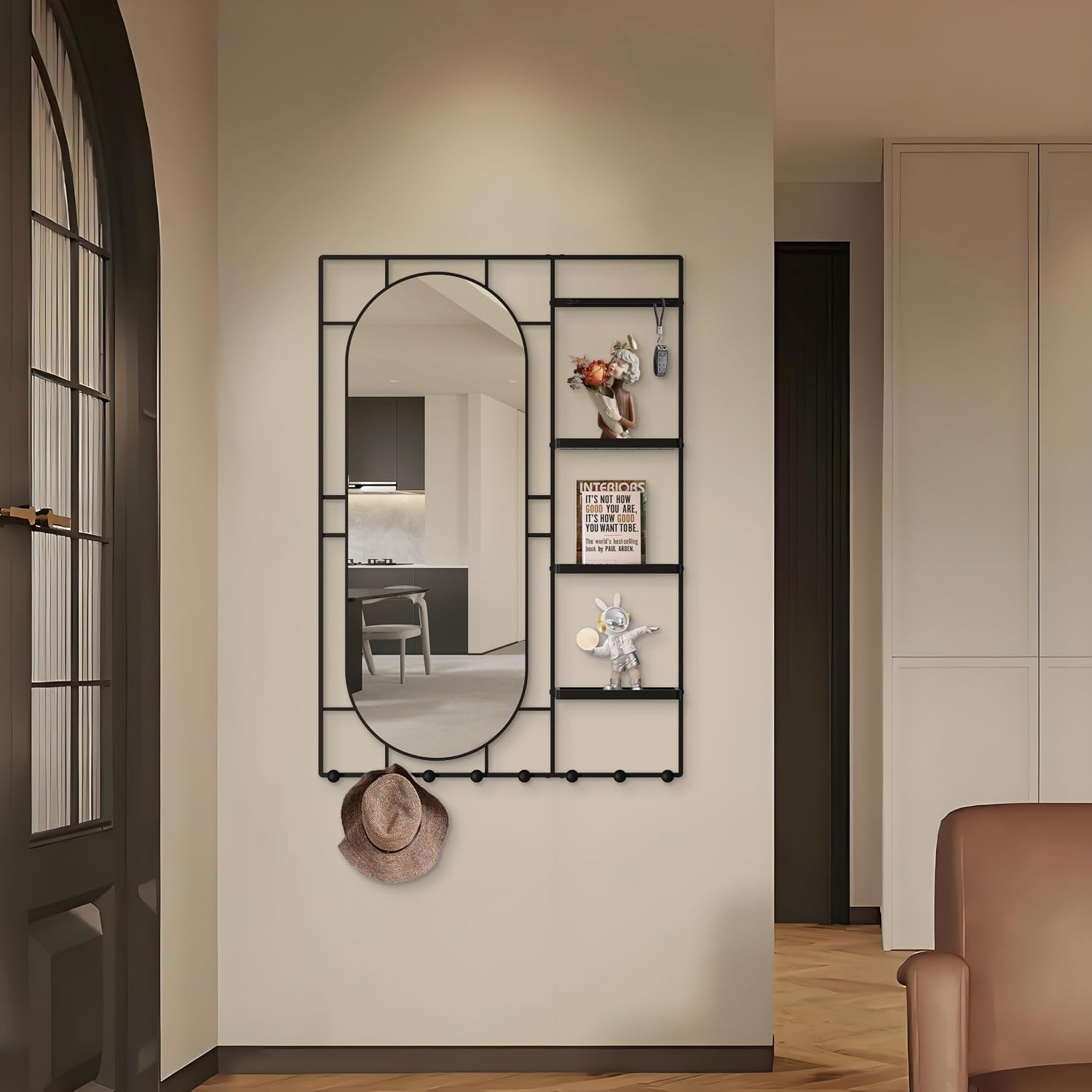 43" X 30" Black Wall Mounted Mirror for Wall, Full Length Mirror with Shelf and Hooks, Large Wall Mirror with Metal Frame 3 Trays and 8 Hooks for Living Room, Hallway, Bedroom