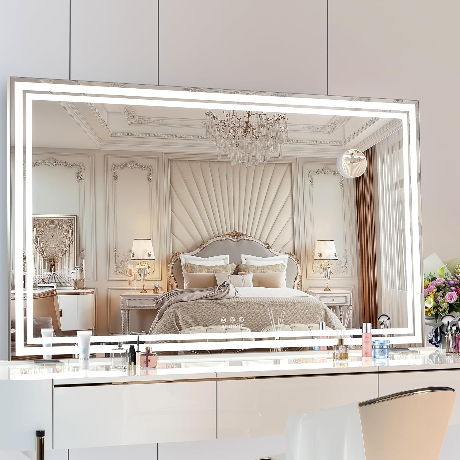 BEAUTME Vanity Mirror, Large Hollywood Mirror with Lights for Tabletop,Lighted Makeup Mirror for Dressing Room & Bedroom, Desktop Mirror/Wall Mounted Mirror 1.8M Cable,Silver(101.6 × 61.7cm)