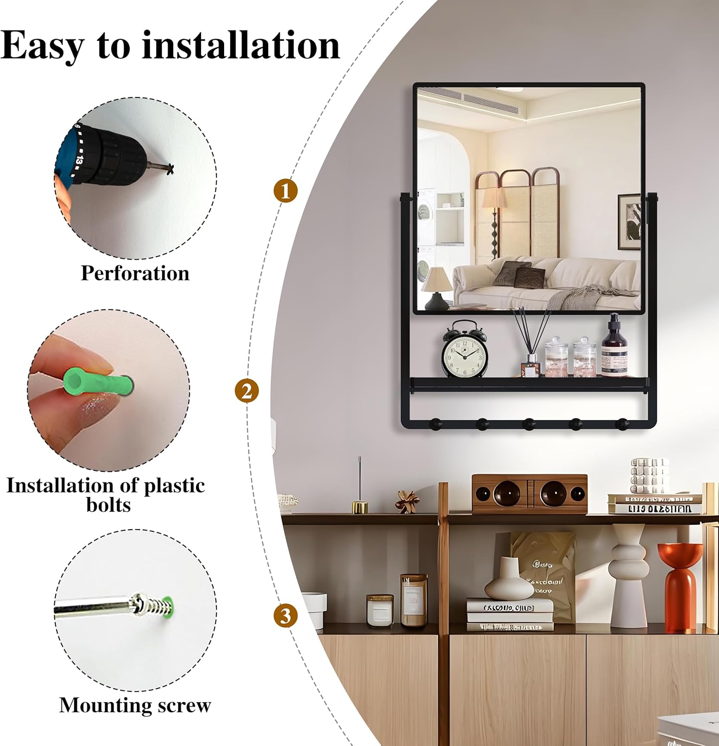 Modern Black Square Wall Mirror with Shelf & Hooks, 21.7 x 29.3 Inch Large Bathroom Mirror with 10° Adjustable Tilt for Entryway, Living Room, Hallway, Bedroom