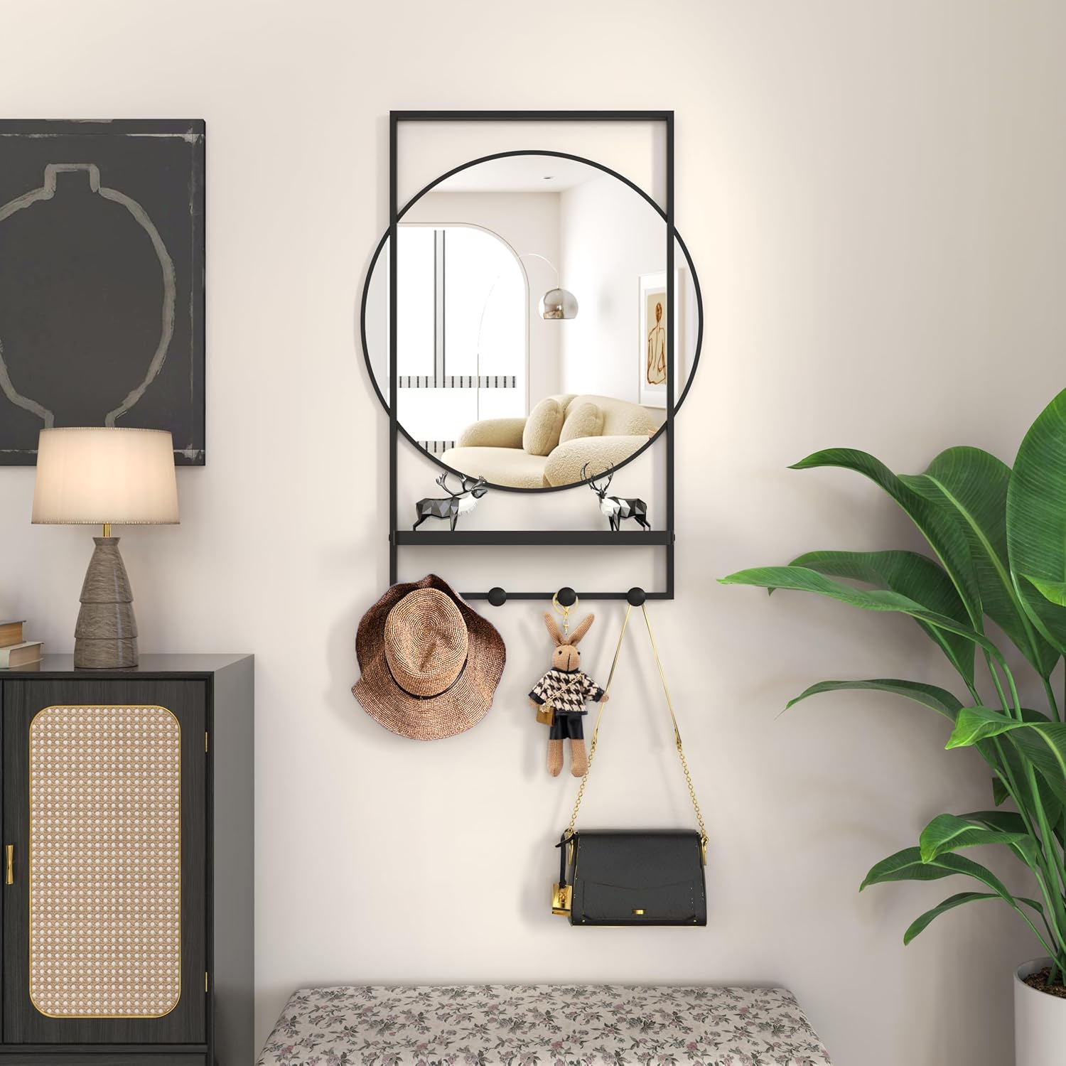 Mirror with Hooks, 28 x20 Inch Bathroom Mirror with Shelf Entryway Mirror with Hooks, Rectangular Frame Round Wall Mirror with Shelf and Hooks, Vanity Mirror Decorative for Wall