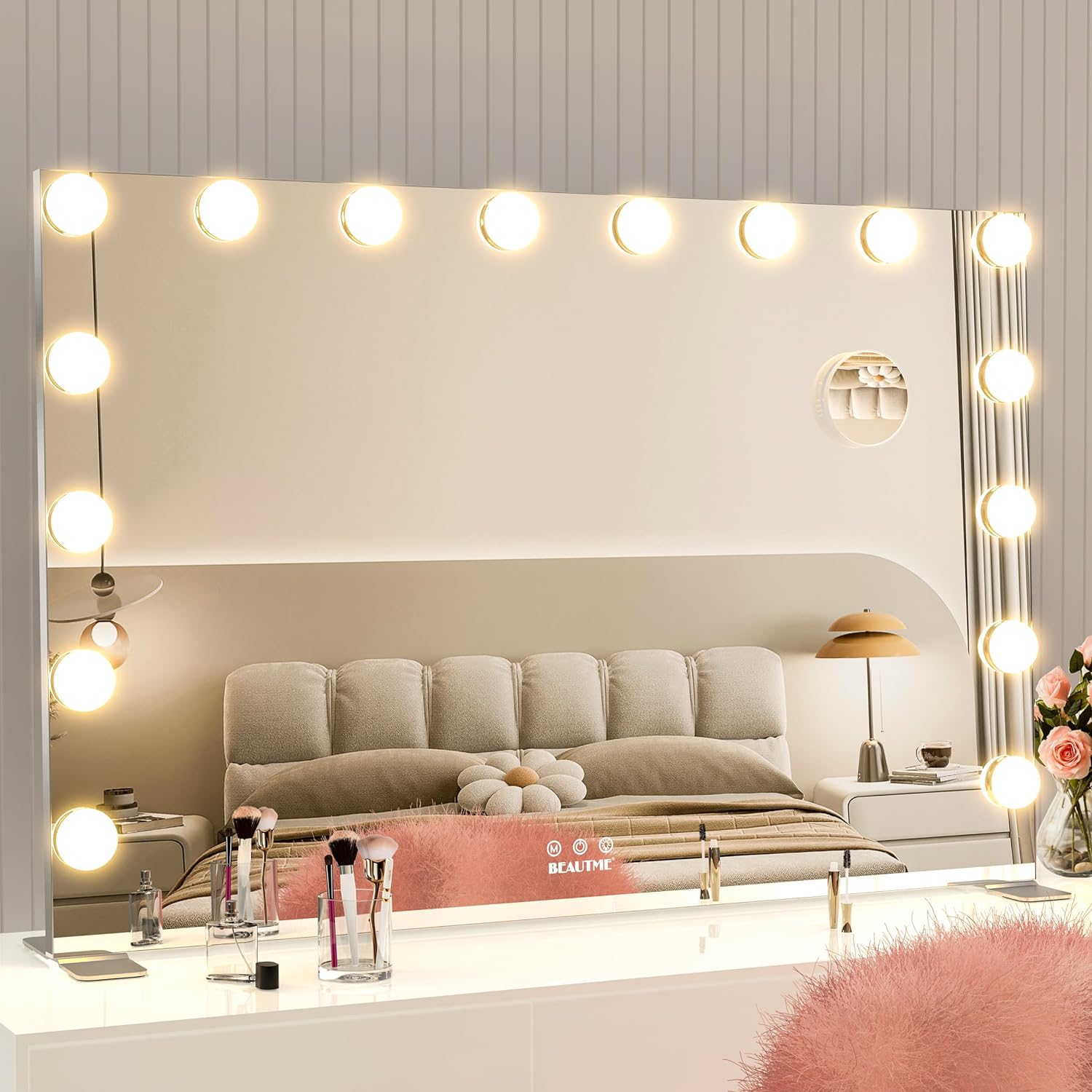 BEAUTME Hollywood Mirror with Lights, 35.9''×24.3'' Vanity Mirror, Light up Mirror with 16 Dimmable Bulbs and 10X Magnification, 3 Colors Modes, Touch Cont, Silver