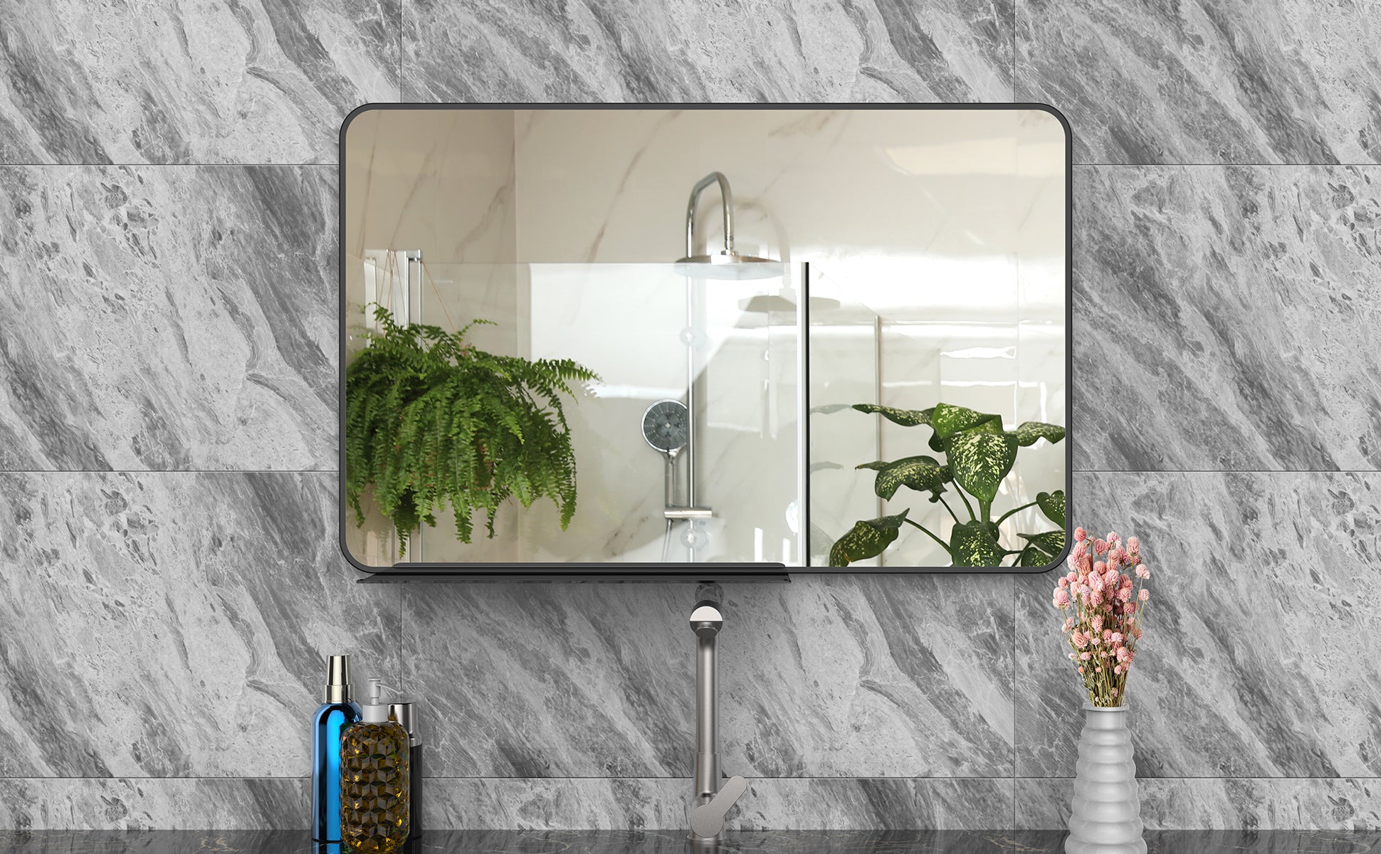 Wall Mirror with Shelf for Bathroom, 28 x 18 Inch Black Frame Wall Mirrors Hangs Horizontal or Vertical, Modern Wall Mounted Mirrors with Rounded Corner
