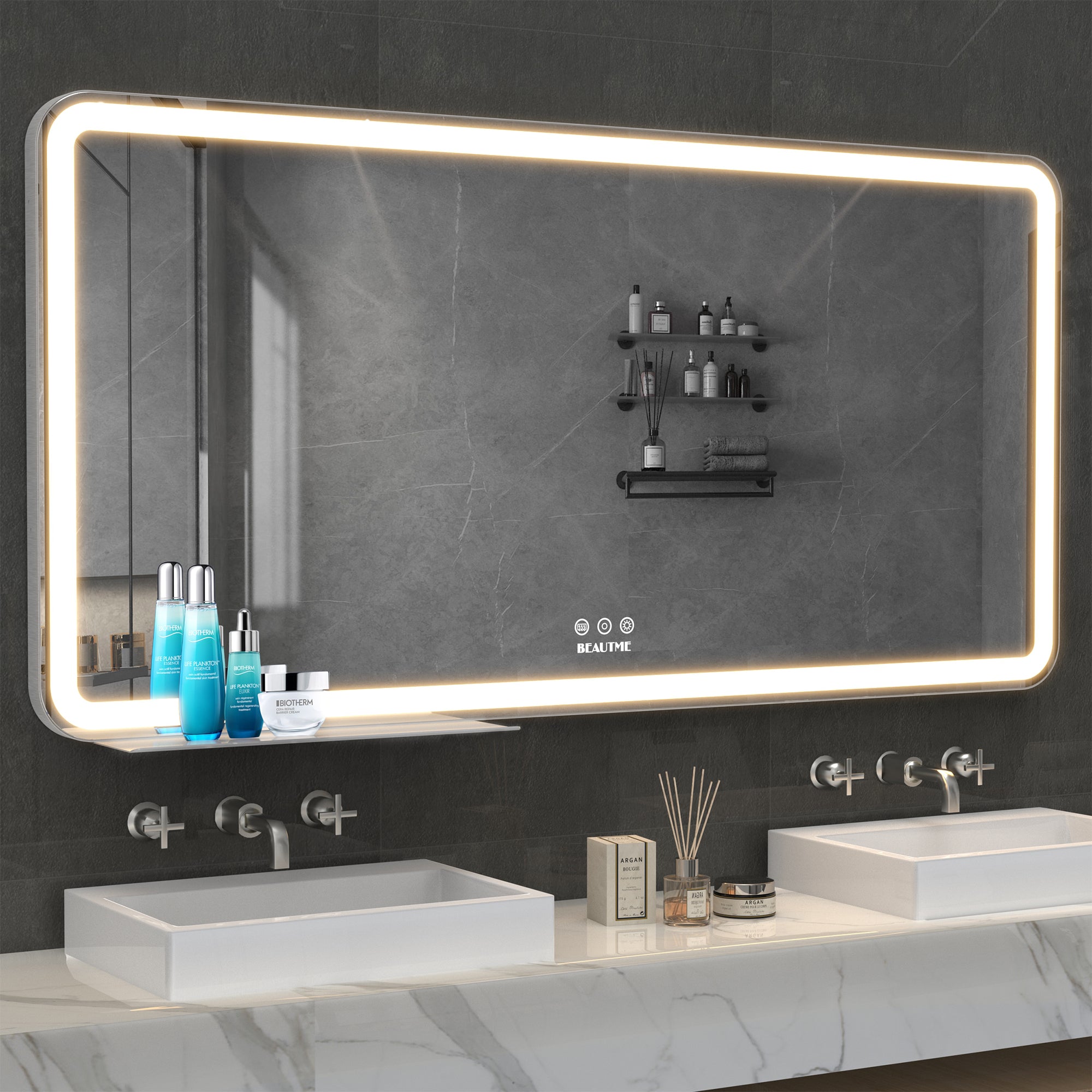 LED Bathroom Vanity Mirror Adjustable White/Warm/Natural Lights Anti-Fog Touch Switch with Memory With Storage Tray.
