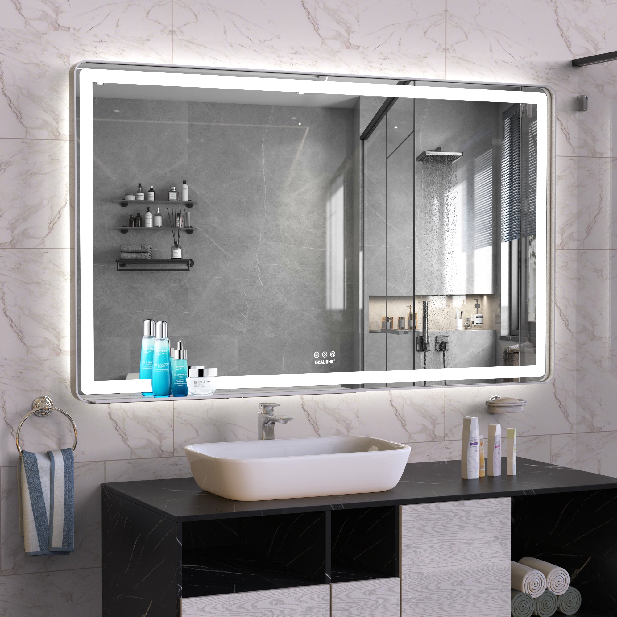 Super Sturdy Bathroom Vanity Mirror Adjustable White/Warm/Natural Lights Anti-Fog Touch Switch with Memory With Storage Tray Located Freely