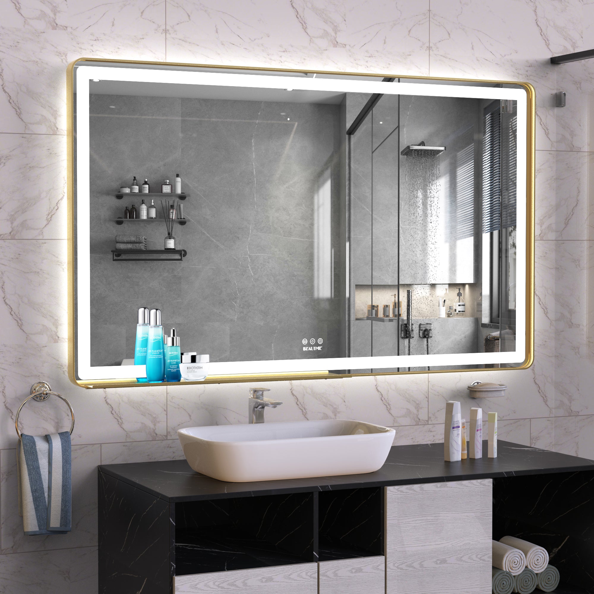 Super Sturdy Bathroom Vanity Mirror Adjustable White/Warm/Natural Lights Anti-Fog Touch Switch with Memory With Storage Tray Located Freely