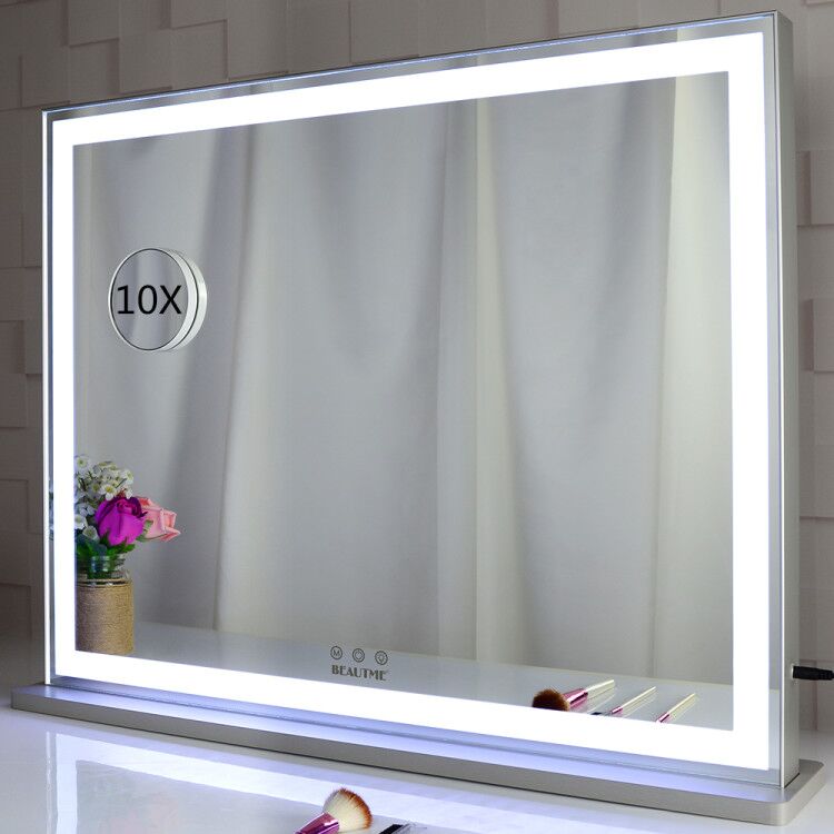 BEAUTME Vanity Mirror with Lights, Lighted Tabletop/Wall Hollywood Makeup Mirror for Dressing Room & Bedroom,3 Color Modes with Dimmer,with 1pcs 1X/10X Roud Mirror,Silver (28.3 x 22.1 inch)