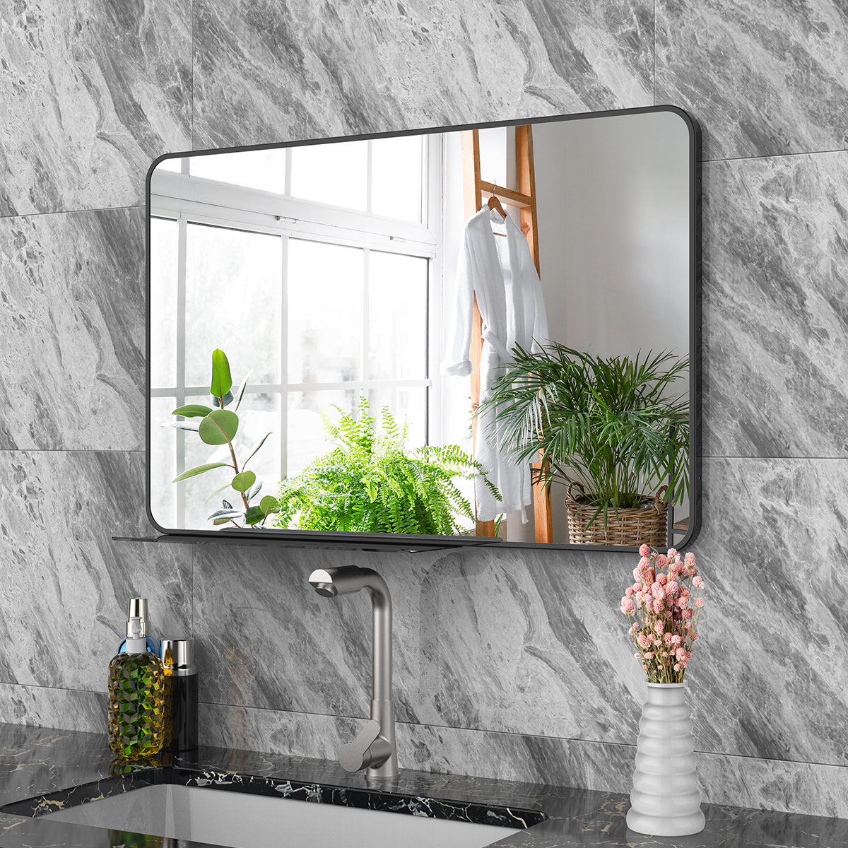 Wall Mirror with Shelf for Bathroom, 28 x 18 Inch Black Frame Wall Mirrors Hangs Horizontal or Vertical, Modern Wall Mounted Mirrors with Rounded Corner