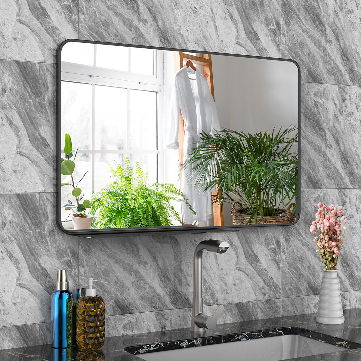 Wall Mirror with Shelf for Bathroom, 28 x 18 Inch Black Frame Wall Mirrors Hangs Horizontal or Vertical, Modern Wall Mounted Mirrors with Rounded Corner