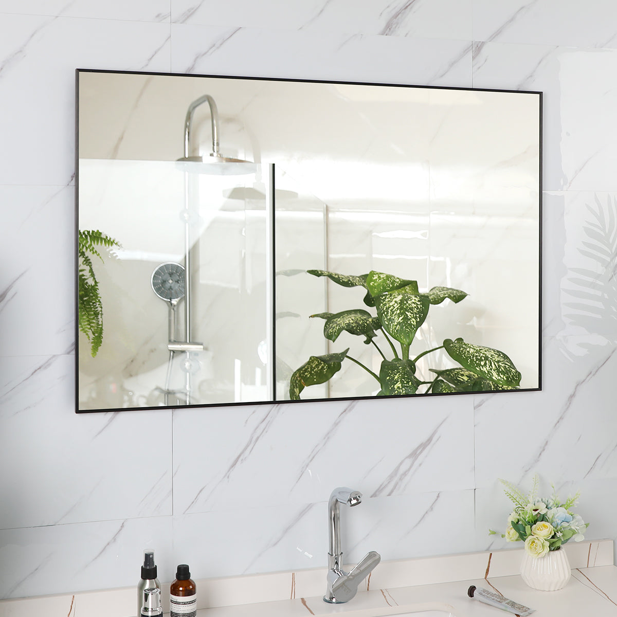 Large Modern Wall Mirror for Bathroom, 36" x 24" White Rectangle Wall Mounted Mirror Hangs Horizontal or Vertical for Bedroom Bathroom Hallway