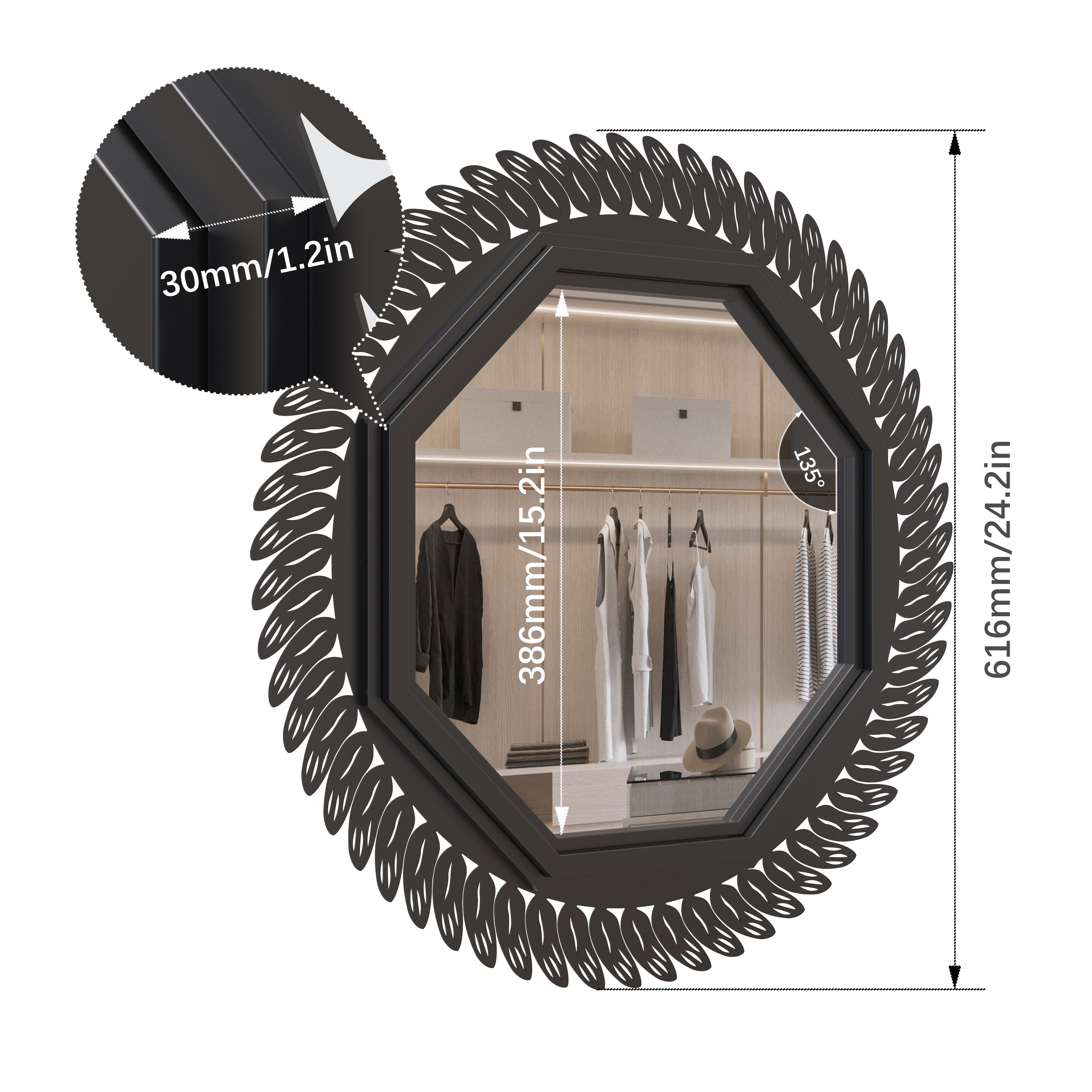 24"x24" Black Decorative Wall Mirror for Home, Octagonal Geometric Mirror with Metal Frame,Modern Hanging Mirrors for Living Room,Bedroom Entryway