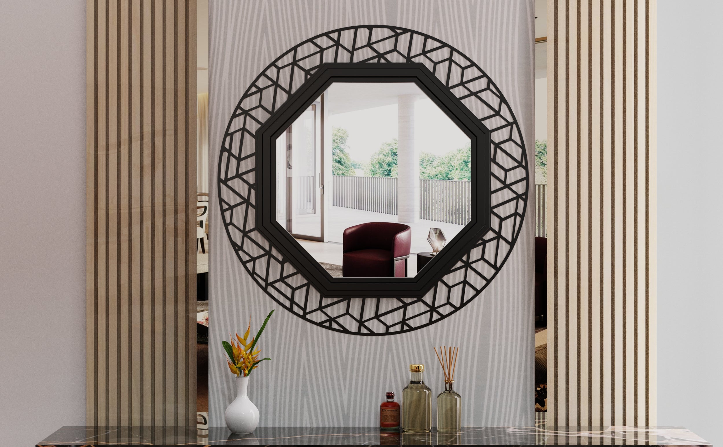 Black Decorative Mirror for Wall Decor, Octagonal Wall Mirror Decor with Metal Frame, 24"x24" Modern Bathroom Mirror for Bedroom Bathroom