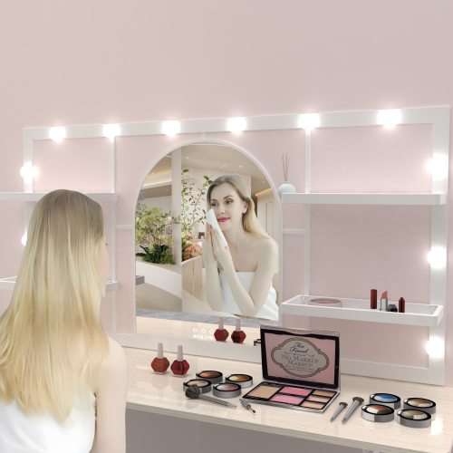 Floating Wall Mounted Makeup Vanity with Arched Mirror for Dressing Bedroom, Vanity Mirror with 12 LED Bulbs, Metal Frame, with 4 Metal Shelf, 45 * 29 inches (White)