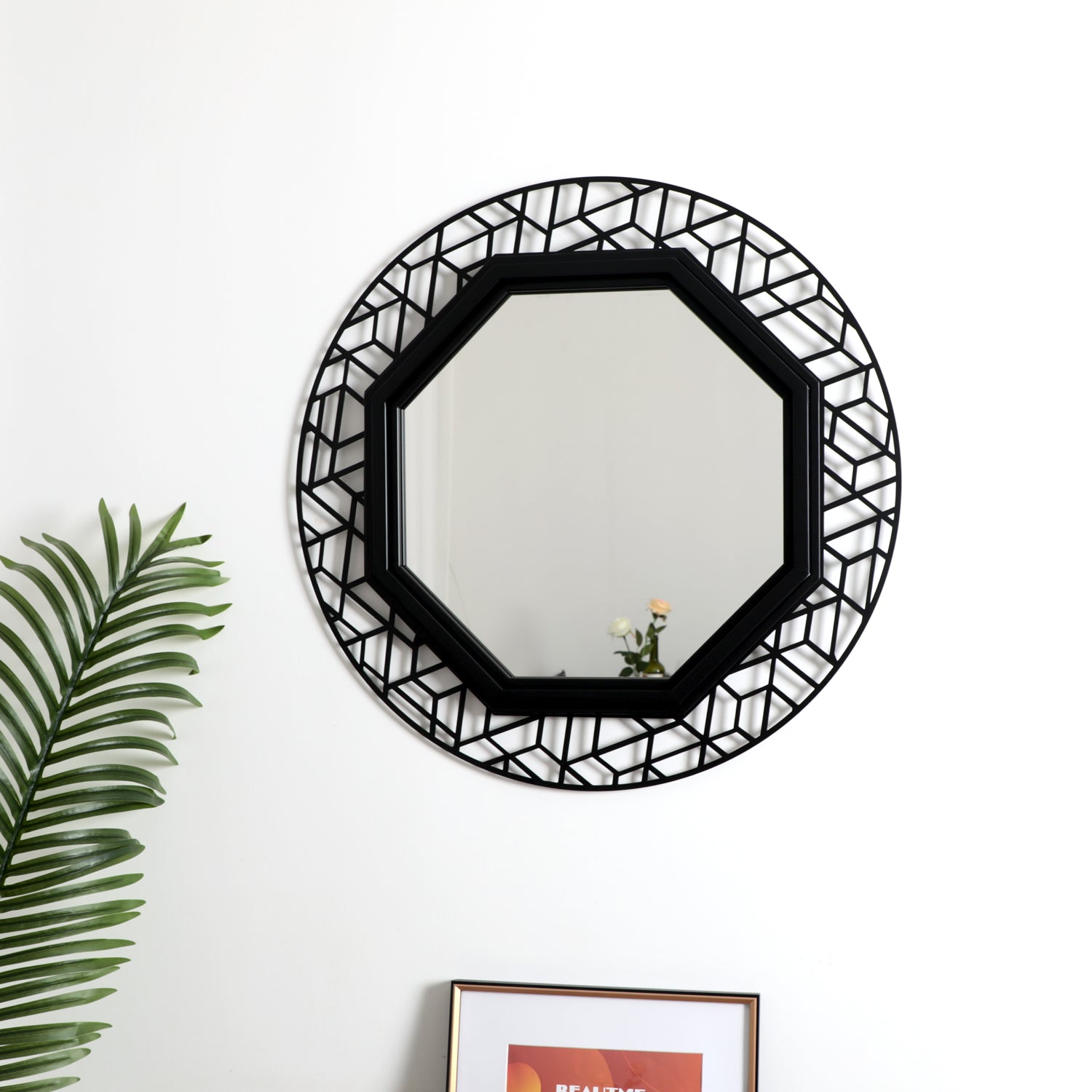 Black Decorative Mirror for Wall Decor, Octagonal Wall Mirror Decor with Metal Frame, 24"x24" Modern Bathroom Mirror for Bedroom Bathroom