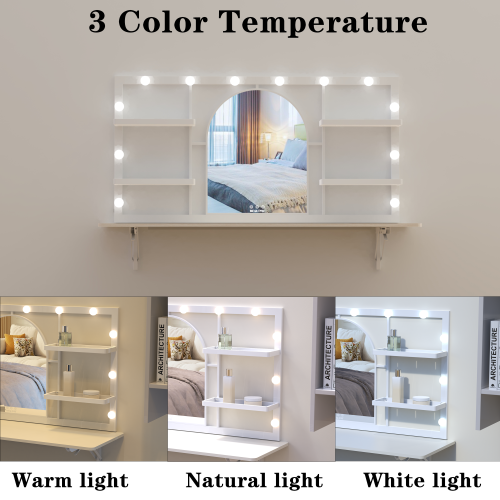 Floating Wall Mounted Makeup Vanity with Arched Mirror for Dressing Bedroom, Vanity Mirror with 12 LED Bulbs, Metal Frame, with 4 Metal Shelf, 45 * 29 inches (White)