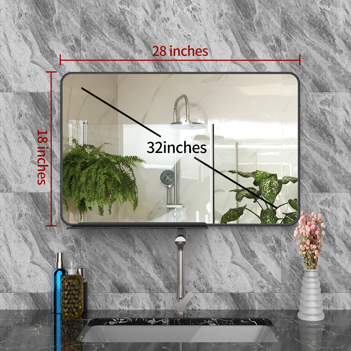 Wall Mirror with Shelf for Bathroom, 28 x 18 Inch Black Frame Wall Mirrors Hangs Horizontal or Vertical, Modern Wall Mounted Mirrors with Rounded Corner