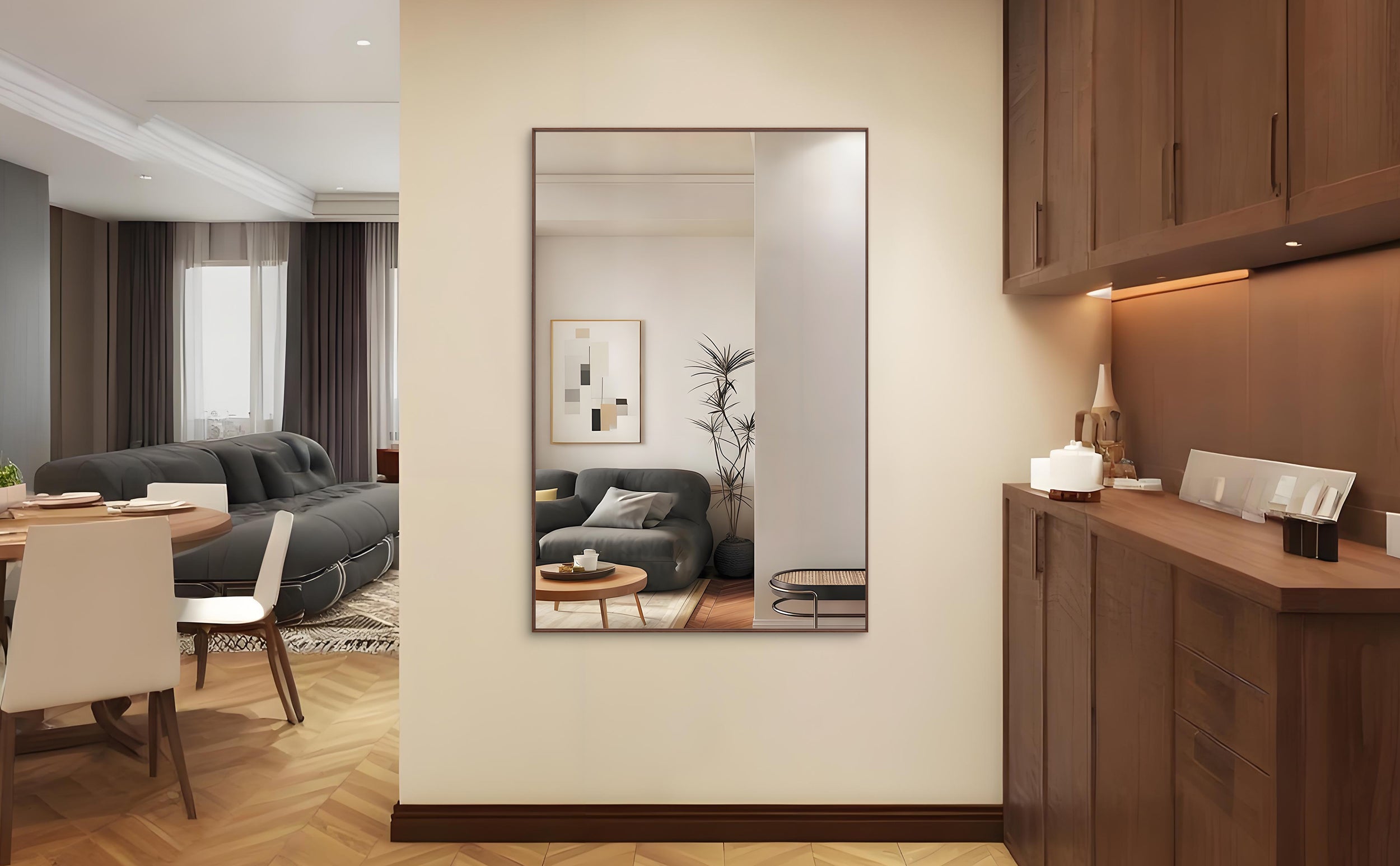 60"x40" Oversized Modern Rectangle Bathroom Mirror with walnut Frame Decorative Large Wall Mirrors for Bathroom Living Room Bedroom Vertical or Horizontal Wall Mounted mirror with Aluminum Frame