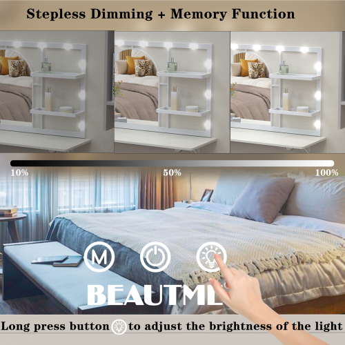 Floating Wall Mounted Makeup Vanity with Arched Mirror for Dressing Bedroom, Vanity Mirror with 12 LED Bulbs, Metal Frame, with 4 Metal Shelf, 45 * 29 inches (White)
