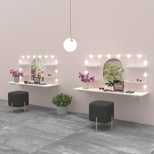 Floating Wall Mounted Makeup Vanity with Arched Mirror for Dressing Bedroom, Vanity Mirror with 12 LED Bulbs, Metal Frame, with 4 Metal Shelf, 45 * 29 inches (White)