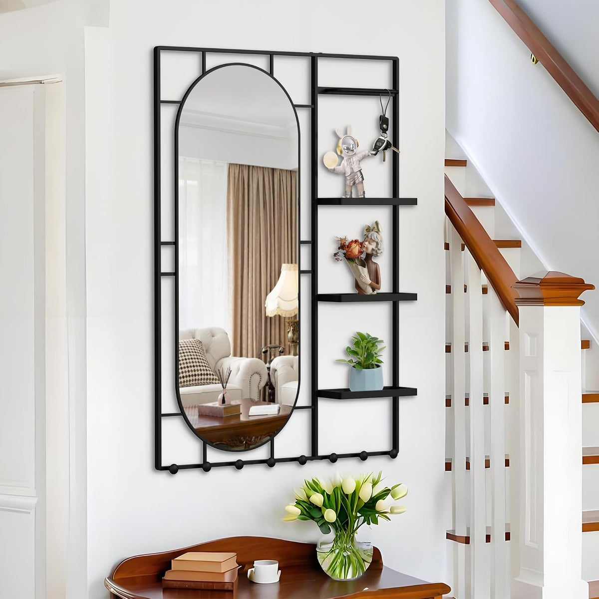43" X 30" Black Wall Mounted Mirror for Wall, Full Length Mirror with Shelf and Hooks, Large Wall Mirror with Metal Frame 3 Trays and 8 Hooks for Living Room, Hallway, Bedroom