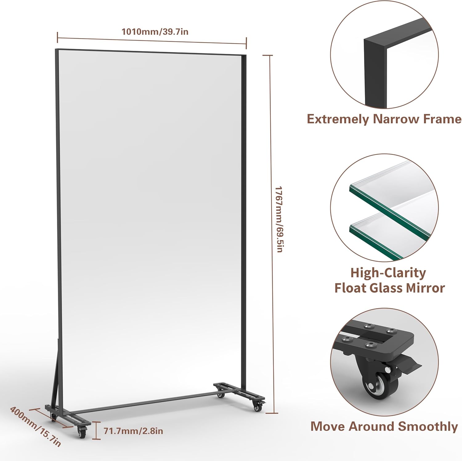 Gym Mirror 360° Swivel on Wheels,