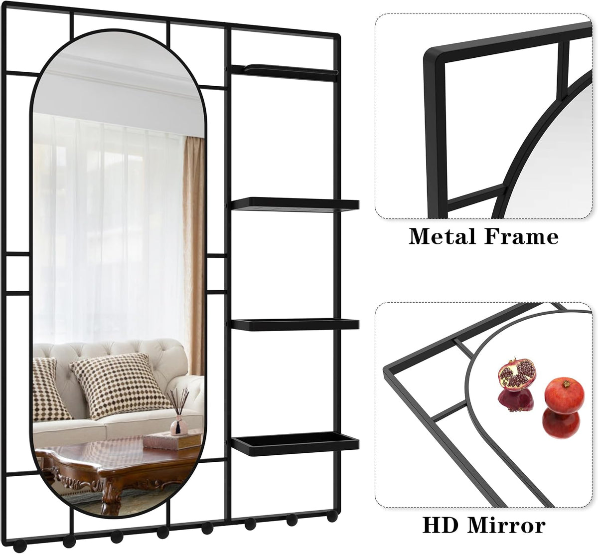 43" X 30" Black Wall Mounted Mirror for Wall, Full Length Mirror with Shelf and Hooks, Large Wall Mirror with Metal Frame 3 Trays and 8 Hooks for Living Room, Hallway, Bedroom