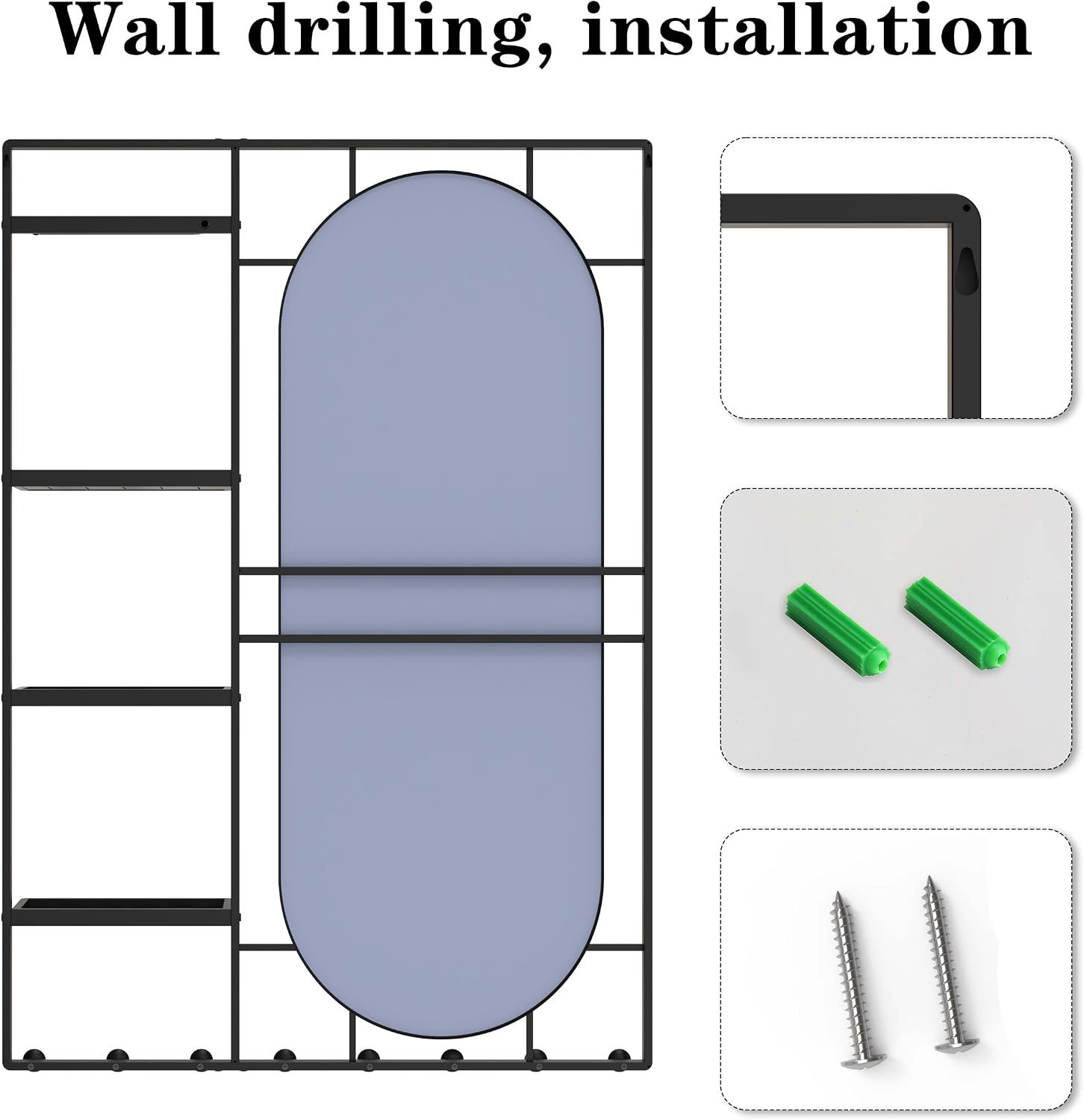43" X 30" Black Wall Mounted Mirror for Wall, Full Length Mirror with Shelf and Hooks, Large Wall Mirror with Metal Frame 3 Trays and 8 Hooks for Living Room, Hallway, Bedroom