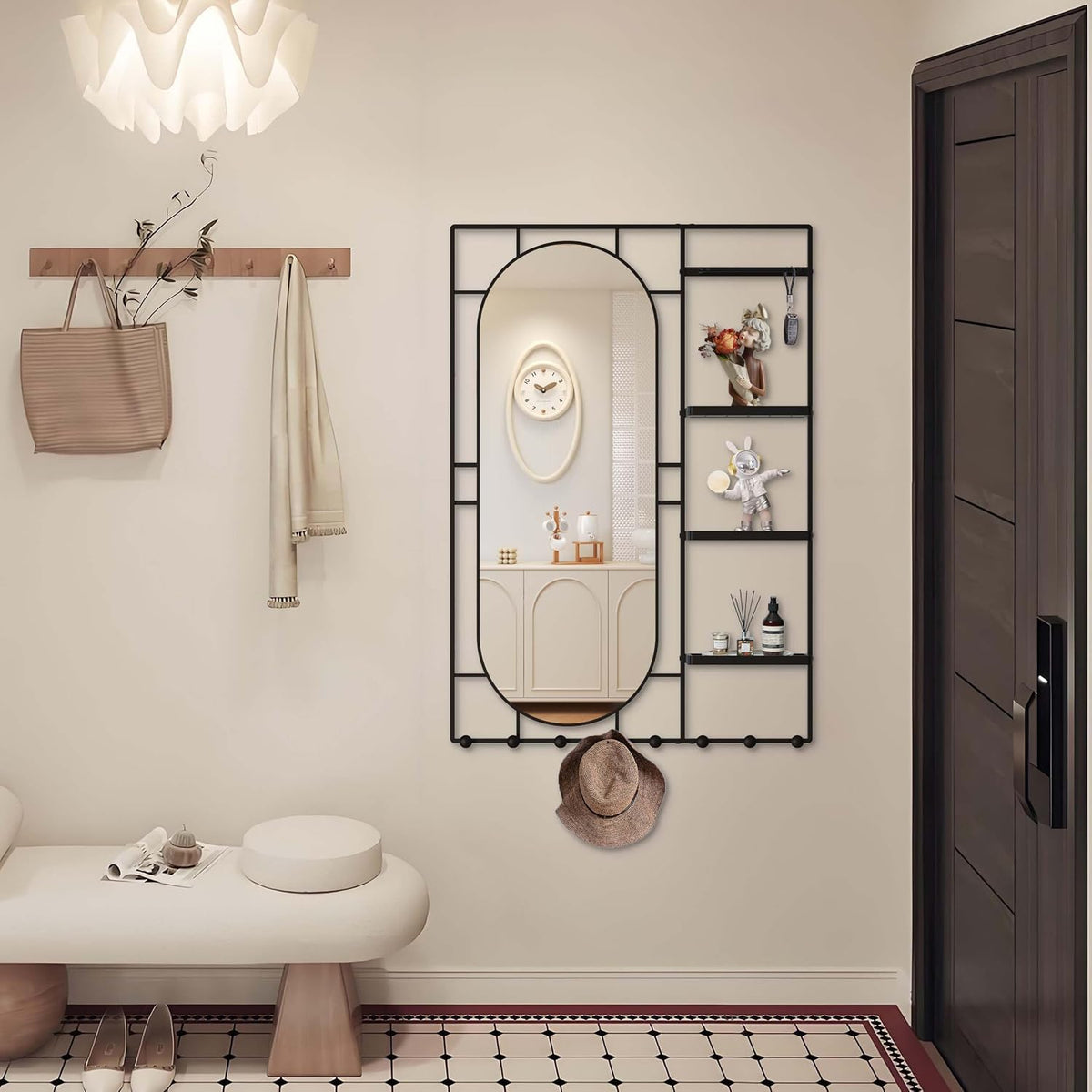 43" X 30" Black Wall Mounted Mirror for Wall, Full Length Mirror with Shelf and Hooks, Large Wall Mirror with Metal Frame 3 Trays and 8 Hooks for Living Room, Hallway, Bedroom