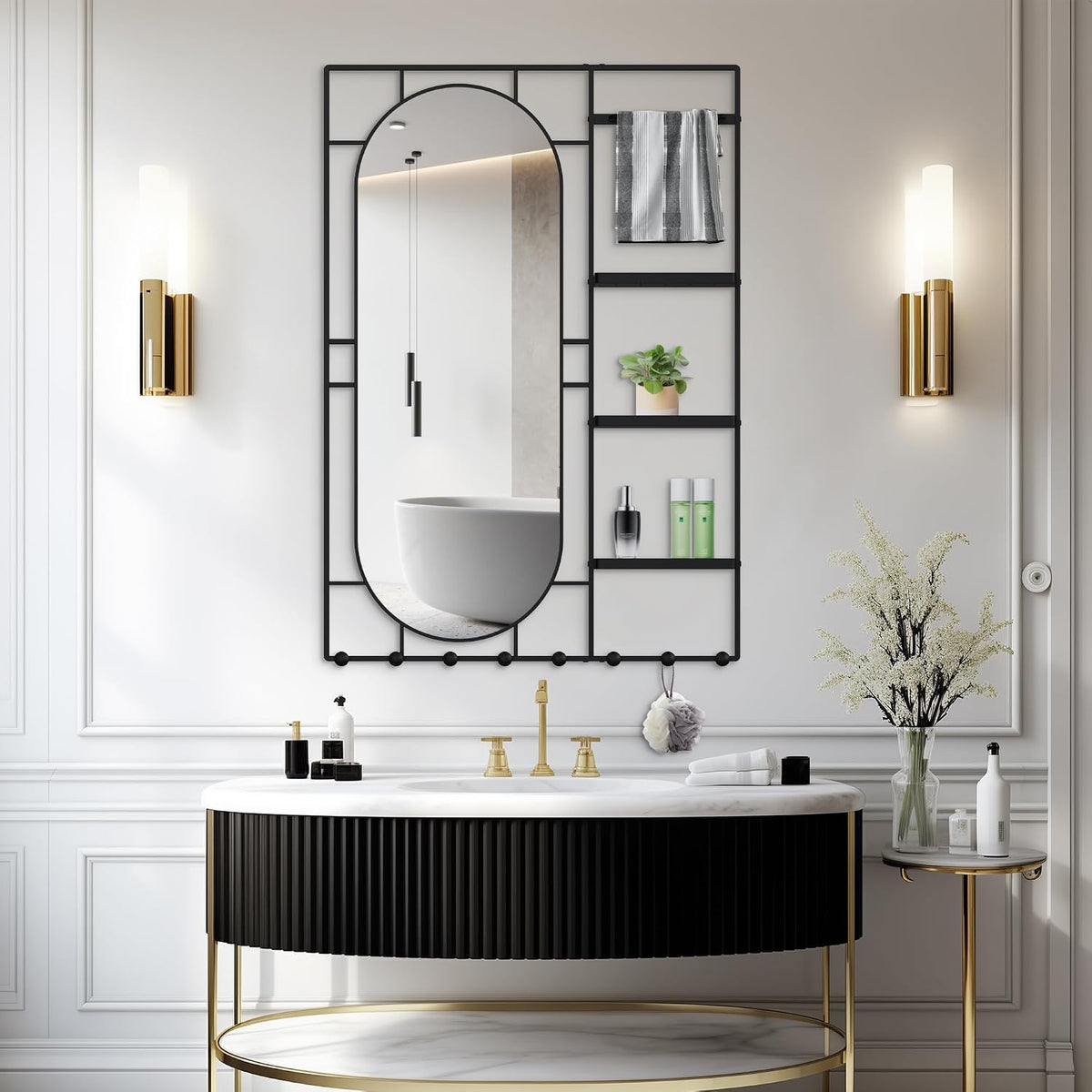 43" X 30" Black Wall Mounted Mirror for Wall, Full Length Mirror with Shelf and Hooks, Large Wall Mirror with Metal Frame 3 Trays and 8 Hooks for Living Room, Hallway, Bedroom
