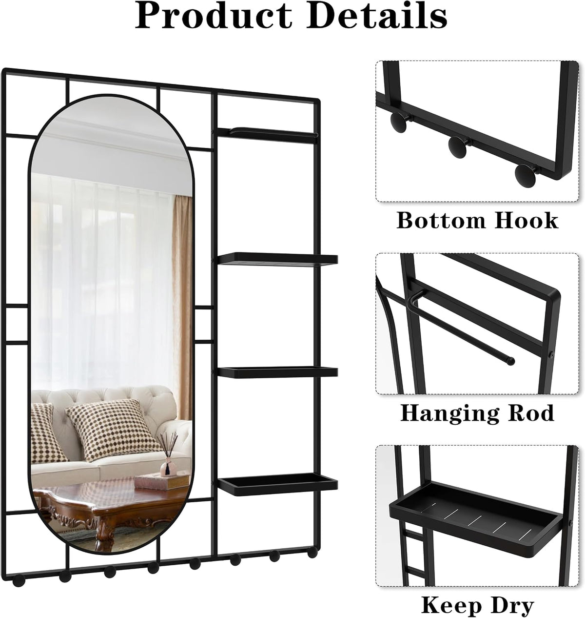 43" X 30" Black Wall Mounted Mirror for Wall, Full Length Mirror with Shelf and Hooks, Large Wall Mirror with Metal Frame 3 Trays and 8 Hooks for Living Room, Hallway, Bedroom