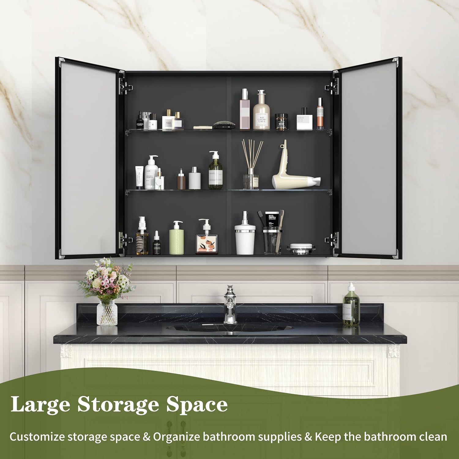 ANYHI 32 x 28 Inch Bathroom Medicine Cabinet with Mirror, Black