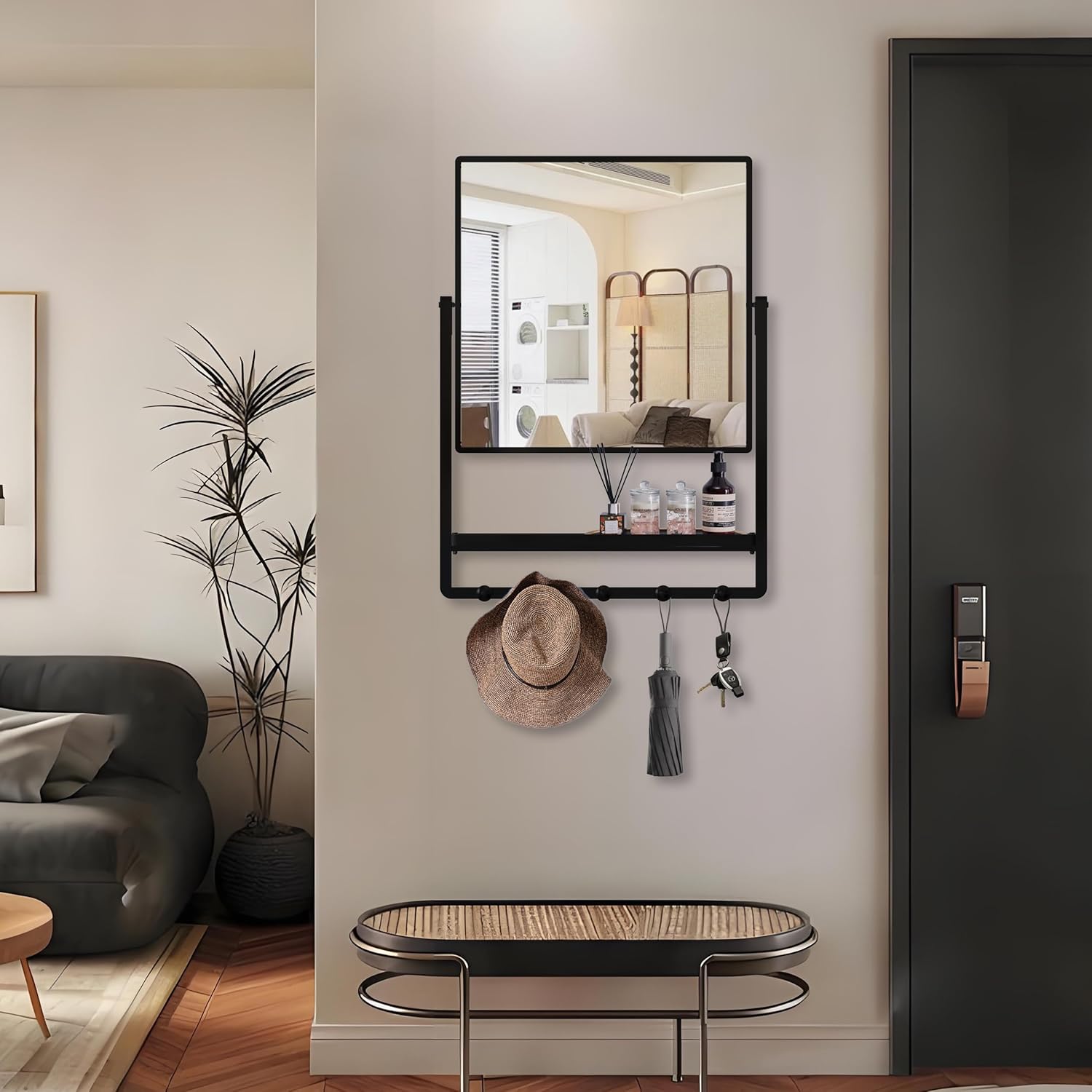 Modern Black Square Wall Mirror with Shelf & Hooks, 21.7 x 29.3 Inch Large Bathroom Mirror with 10° Adjustable Tilt for Entryway, Living Room, Hallway, Bedroom