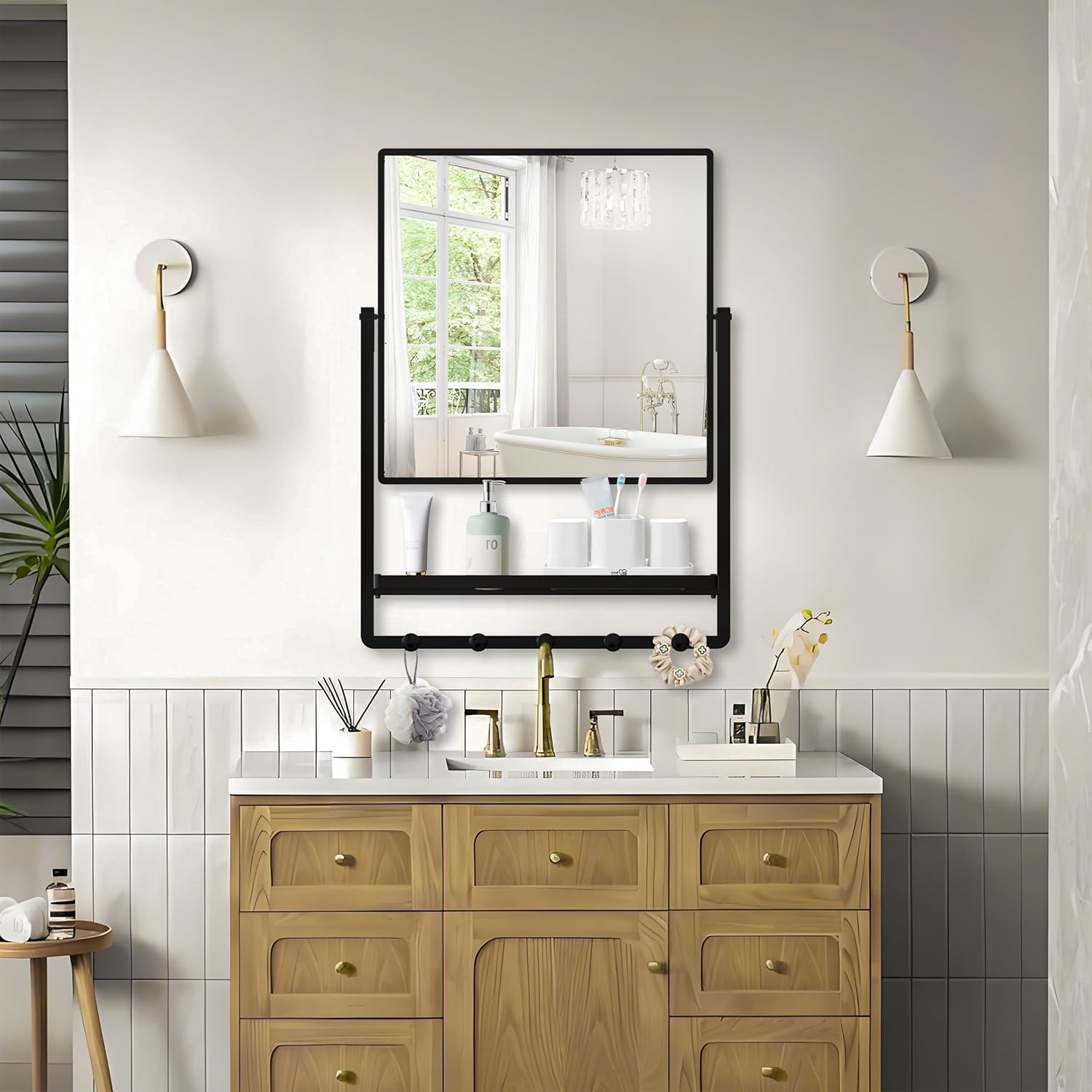 Modern Black Square Wall Mirror with Shelf & Hooks, 21.7 x 29.3 Inch Large Bathroom Mirror with 10° Adjustable Tilt for Entryway, Living Room, Hallway, Bedroom