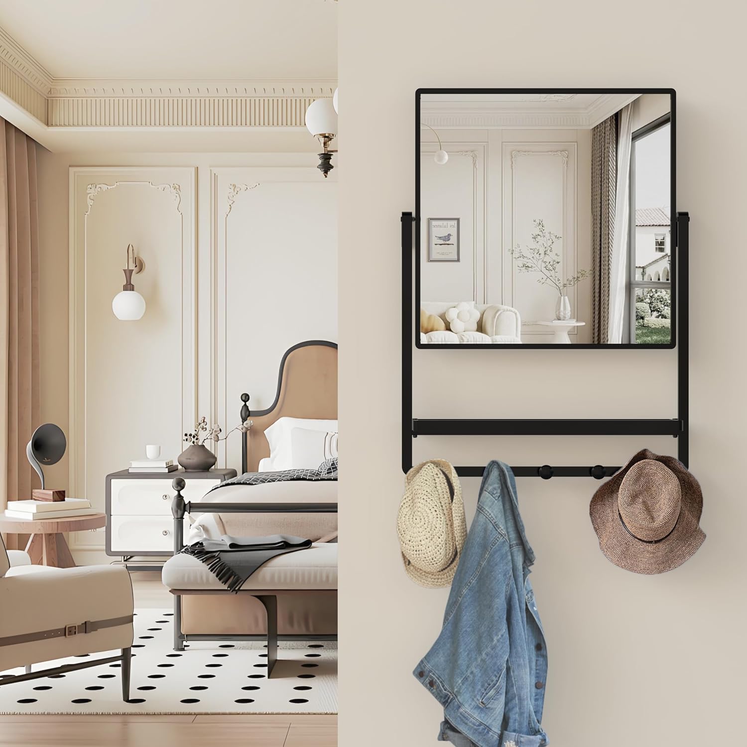 Modern Black Square Wall Mirror with Shelf & Hooks, 21.7 x 29.3 Inch Large Bathroom Mirror with 10° Adjustable Tilt for Entryway, Living Room, Hallway, Bedroom
